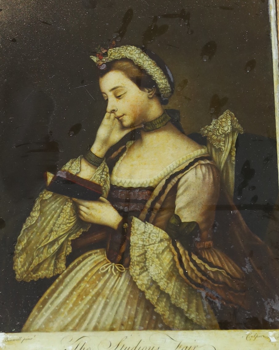 Spencer after Benwell, reverse print on glass, 'The Studious Fair', 36 x 26cm, together with four other damaged reverse prints of John Wilkes, George II and George III
